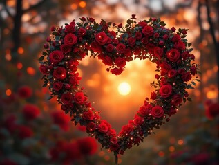 Aufkleber - a large heart-shaped arrangement of red flowers set against a blurred background of a sunset. The sun is partially visible through the heart shape, creating a warm and romantic atmosphere.