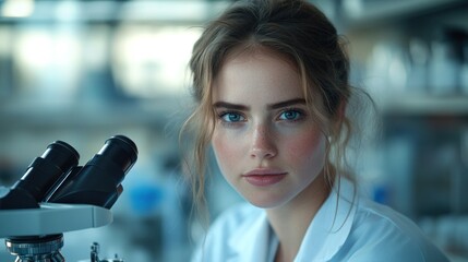 Poster - Young Woman in a Lab Coat Focused on a Microscope, with a Modern Laboratory Backdrop