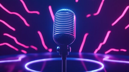 Aufkleber - Vintage microphone stands on a stage, illuminated by vibrant neon lights, creating a captivating atmosphere for a musical performance, comedy show, or open mic night