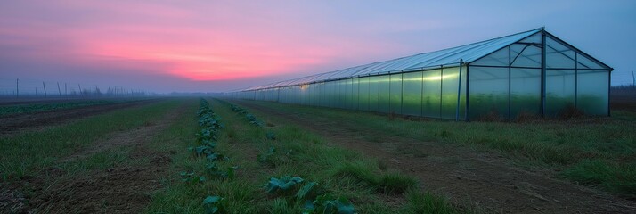 Canvas Print - A greenhouse with a green roof and a field of vegetables. The sky is pink and orange