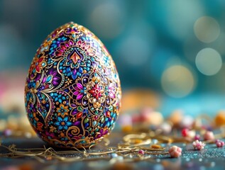 Poster - a vibrant, intricately decorated Easter egg with a colorful pattern, sitting on a table surrounded by small objects. The background is blurred, focusing attention on the egg.