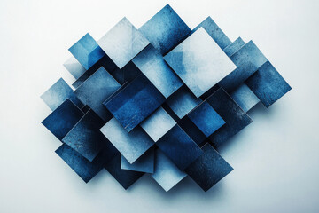 Poster - Abstract cluster of interlocking squares in shades of blue arranged creatively on a white background