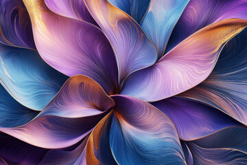 Poster - Vibrant abstract floral pattern depicting intricate designs in purple and blue hues with golden accents