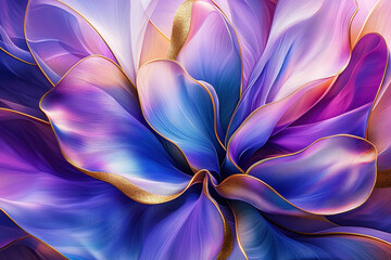 Poster - Colorful abstract floral pattern with flowing petals and vibrant hues of purple, blue, and gold creating a dynamic visual experience