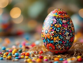 Poster - a wooden table with a decorated Easter egg, colorful candies, and a bokeh effect in the background. The egg has intricate floral patterns and is surrounded by a festive arrangement.