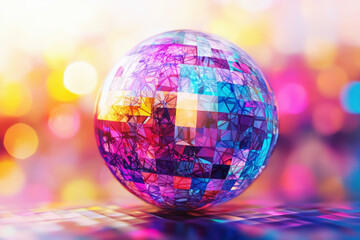 Poster - Exploration of an abstract geometric globe reflecting vibrant colors and light patterns in a dynamic environment