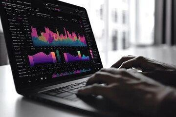Poster - Analyzing Data Trends on a Laptop with Colorful Graphs in a Modern Office
