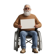 Poster - An elderly man with a beard, wearing glasses and casual clothing, sits in a wheelchair holding a blank white sign.