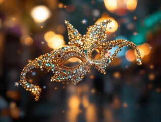 Poster - Golden Masquerade Mask with Jeweled Embellishments and Warm Lighting