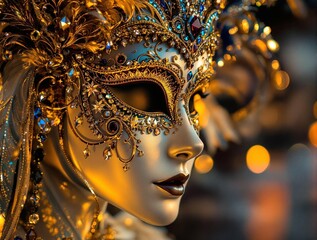 Poster - Golden Ornate Mask with Intricate Details and Soft Bokeh Background