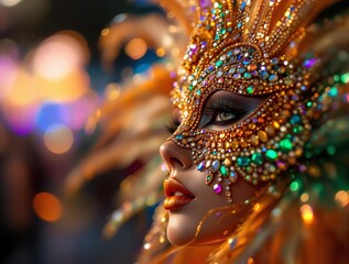Poster - a vibrant, colorful mask adorned with sequins and feathers, set against a blurred background with bokeh effects.