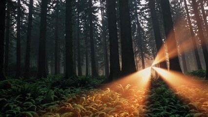 Poster - Serene forest with sunrise rays through trees, mystical nature scene. Tranquility and beauty concept