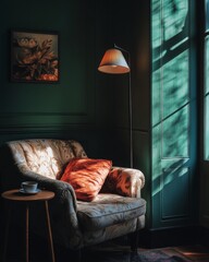 Wall Mural - A cozy corner in a stylish room invites relaxation. The soft light enhances the elegant details and inviting atmosphere. Perfect for capturing the essence of comfort. Generative AI