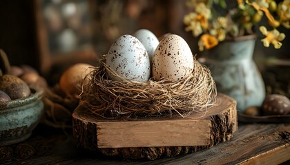 Poster - Tranquil Still Life of Three Speckled Eggs Nestled in Natural Nest on Rustic Wooden Surface Surrounded by Vintage Decor and Beautiful Floral Arrangement