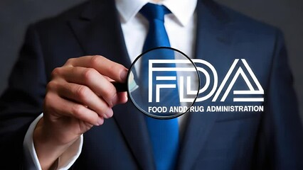 Poster - FDA Approved: Health Product Standards Control System. Person working on laptop, FDA icon on screen. Ensuring quality, safety, and compliance in the  