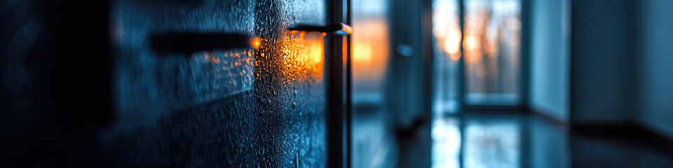 Poster - Condensation on Appliance Door with Sunset Background