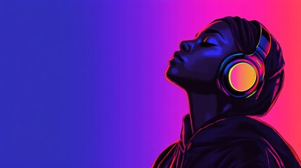 Poster - Young woman wearing headphones listening to music with closed eyes, enjoying the sound and rhythm in a colorful recording studio with blue and pink neon lights