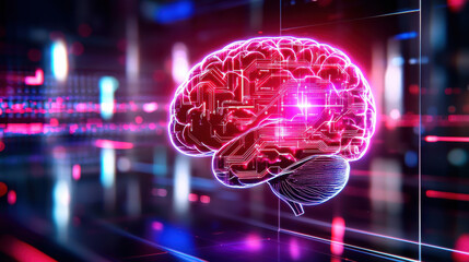 Aufkleber - neon X ray style image of human brain with glowing circuits, representing advanced technology and neural connections. vibrant colors create futuristic atmosphere
