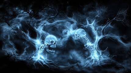 Poster - surreal landscape featuring glowing X ray trees and skeletons, creating eerie atmosphere. scene evokes sense of mystery and intrigue