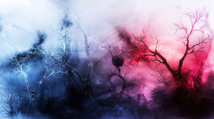 Poster - Surreal landscape featuring X ray trees in contrasting colors, evoking sense of mystery and wonder. glowing branches create ethereal atmosphere