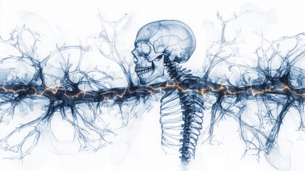 Aufkleber - Surreal landscape featuring X ray skeleton with glowing neural connections, creating striking visual of life and energy