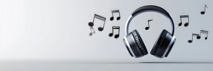 Poster - Modern wireless headphones playing music with musical notes floating around, representing the concept of listening to audio and enjoying sound in a clean and minimalist style