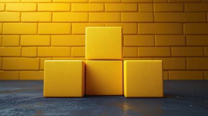 Wall Mural - Three yellow cubes stacked against a vibrant yellow brick wall with a textured blue surface