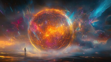 person gazing at cosmic sphere, nebula backdrop, science fiction artwork