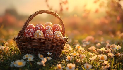 Poster - Colorful Easter Eggs in a Woven Basket Surrounded by Daisies Under a Warm Spring Sunrise, Symbolizing Renewal, Joy, and Celebration of Easter Traditions