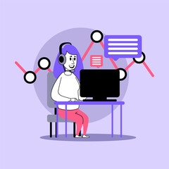 Poster - Person with headset sitting at desk, focused on computer screen displaying charts and messages. Background with abstract graphics representing data flow