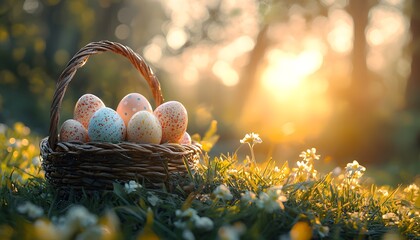 Poster - Colorful Easter Eggs in a Woven Basket Surrounded by Vibrant Wildflowers During a Soft Sunset in a Peaceful Spring Setting