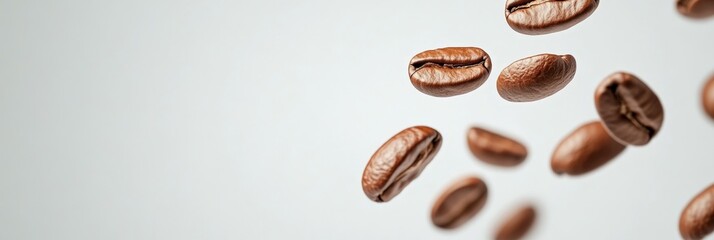 Poster - Roasted coffee beans are levitating on a clean background, creating a visually appealing scene for coffee lovers and industry professionals