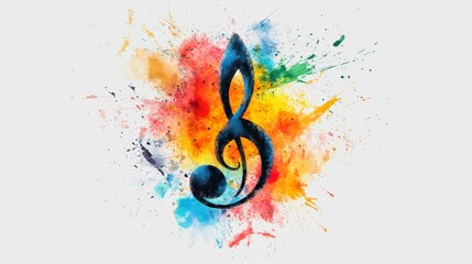 Poster - Vibrant watercolor splashes enveloping a treble clef, capturing the explosive and colorful essence of musical inspiration and the creative process behind art and melody