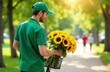 © Kseniia - A courier in a green T-shirt and cap delivers a bouquet of large sunflowers. Ideal for advertising flower delivery and congratulations