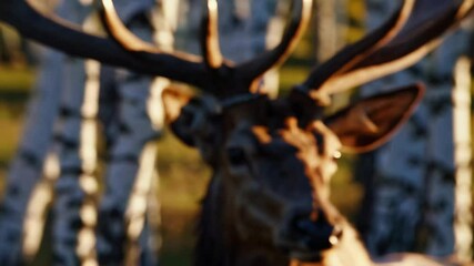 Poster - Elk with large antlers in birch forest during golden hour, wildlife photography in natural habitat concept