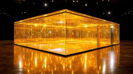 Poster - Illuminating Golden Glass Cube Installation Art