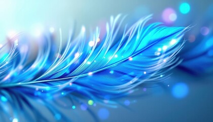 Poster - vibrant blue feather with soft glowing lights on a blurred background