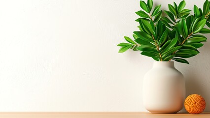 A simple yet elegant arrangement of fresh green leaves in a white ceramic vase, accompanied by a small orange fruit, set against a minimalistic and serene background.