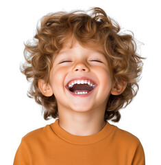 joyful child with curly hair laughing in a casual setting during daylight