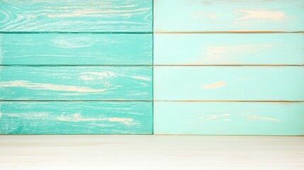 Poster - Light Teal Wooden Planks Background with White Tabletop