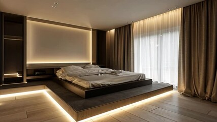 Poster - Cozy Modern Bedroom Interior Design Ambient Lighting, Large Bed, Minimalist Curtains, and Inviting Atmosphere