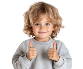 Happy child gives thumbs up with joyful expression and curly hair in casual grey sweatshirt against a transparent background