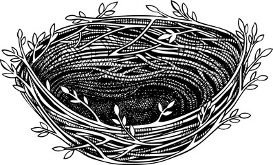 Bird nest sketch. Hand-drawn spring illustration. Birdhouse vector. Easter design element. Not AI generated