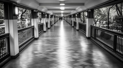 Poster - Long Corridor Perspective Black and White Architecture