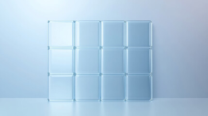 Poster - transparent glass block wall with modern design, featuring grid of twelve square blocks. soft lighting creates serene atmosphere, perfect for contemporary spaces