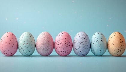 Poster - Colorful Speckled Eggs Arranged in a Row on a Soft Blue Background, Perfect for Spring Celebrations, Easter, or Festive Seasonal Themes and Decor
