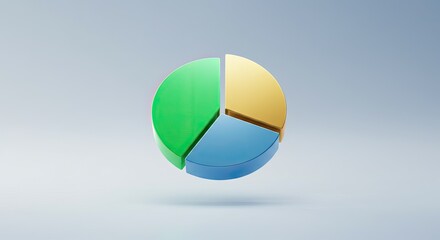 Poster - 3D Pie Chart Illustration: A clean and modern illustration of a 3D pie chart divided into three segments, rendered in green, blue, and gold.