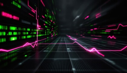 Fototapete - Abstract digital grid with neon pink and green lines in dark tech environment