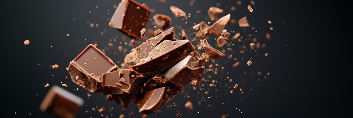 Aufkleber - Milk chocolate chunks are exploding on a dark background, creating a dynamic and delicious scene with small particles flying through the air
