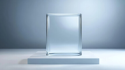 Poster - minimalist glass display block on smooth surface, showcasing elegance and simplicity. soft lighting enhances clarity and reflections, creating serene atmosphere